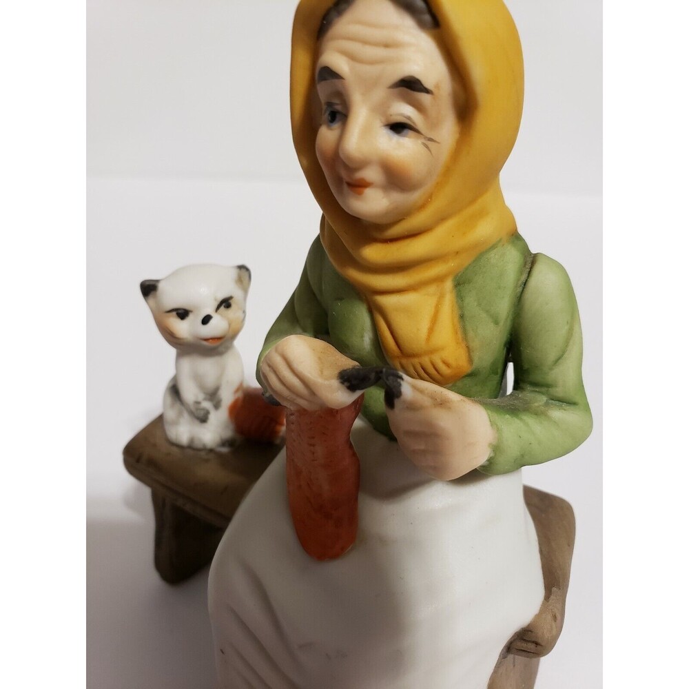 Flambro Figurine Lady With Cat Knitting  on Bench Vintage Grandma Gift